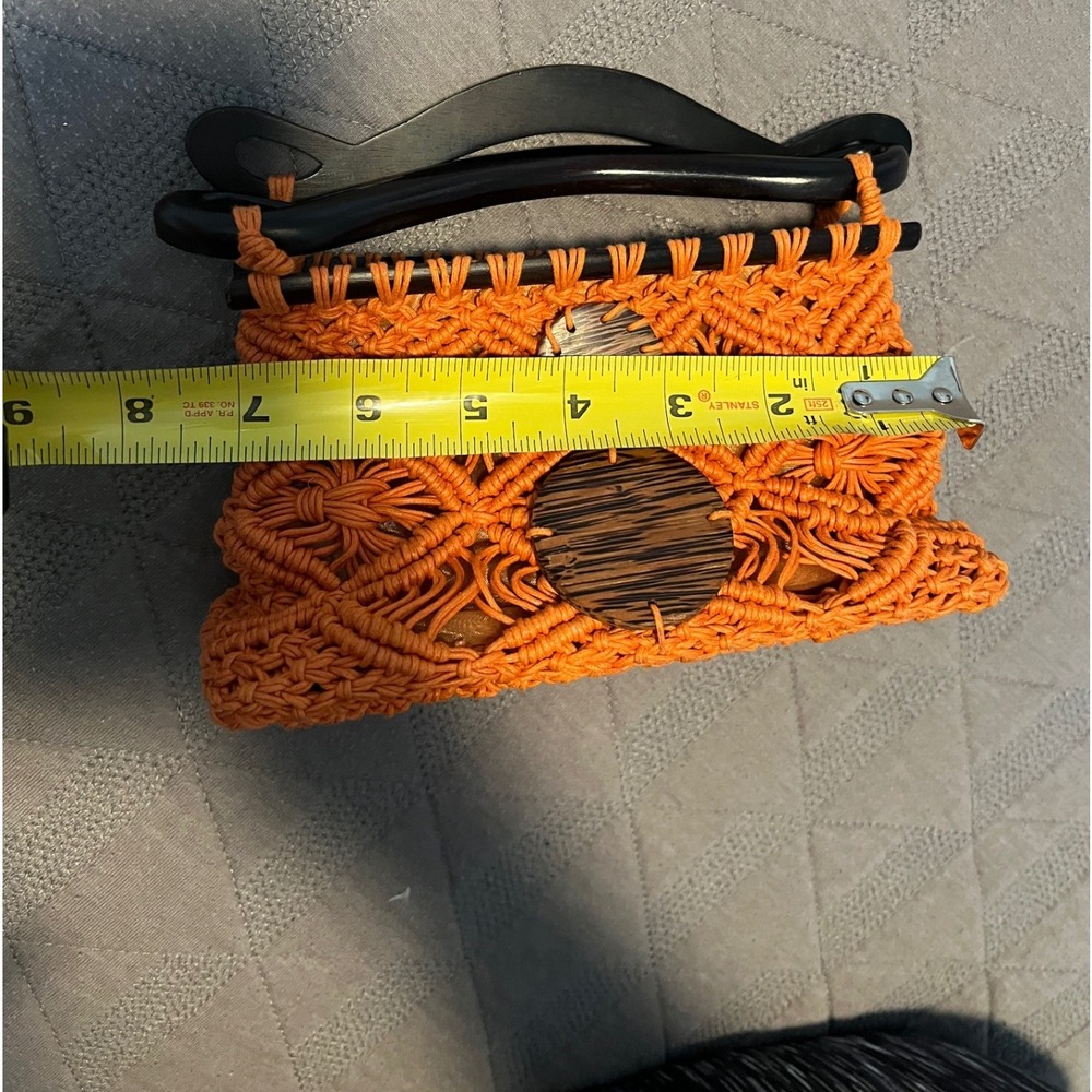 Max Studio Macrame Handbag Small Orange Wood Handle Boho Woven Bag - Picture 6 of 7